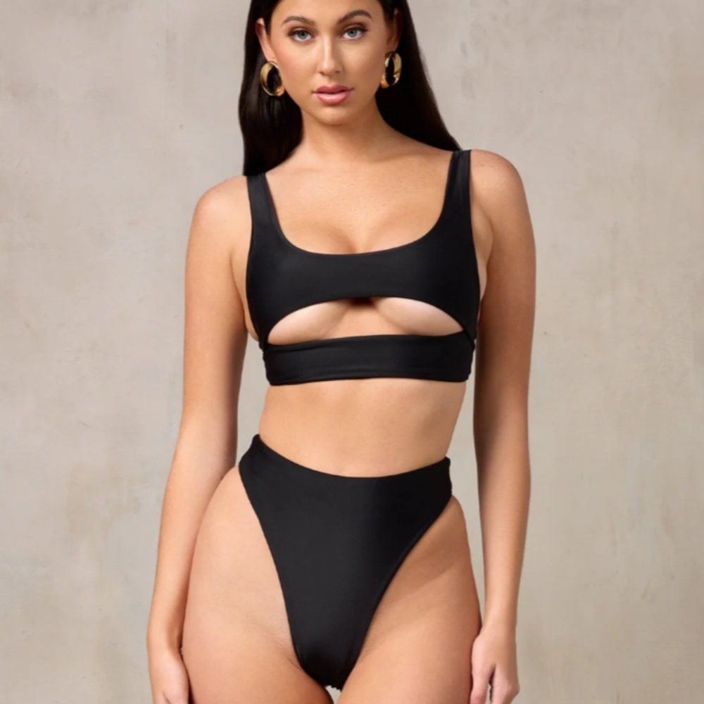 MBM Swim Ultra High Cut, Ulta High Rise "Wish" Thong Bikini Bottom. Large, Black